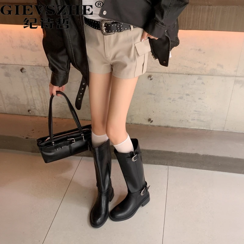 纪诗哲女靴时尚厚底时装靴女冬季新款真皮粗跟骑士靴女士长筒靴