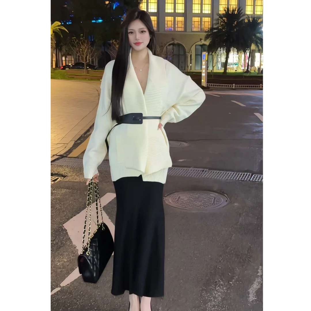 辣妹气质韩系翻领设计感百搭慵懒风纯色针织开衫外套鱼尾针织长裙