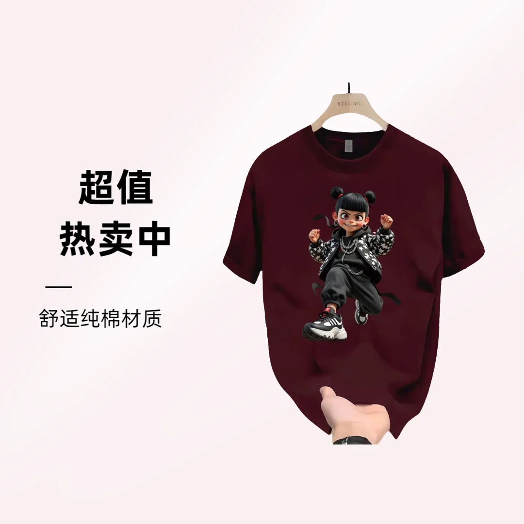 新款夏季国潮个性哪吒印花修身高级设计男款百痞帅搭圆领纯棉短袖