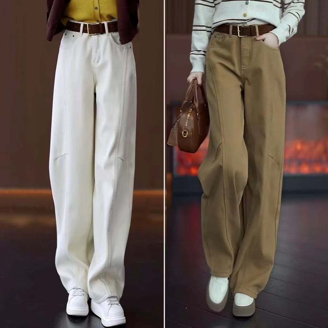 卡其黄加绒弯刀牛仔裤女秋冬爆款宽松百搭直筒裤加厚窄版阔腿长裤