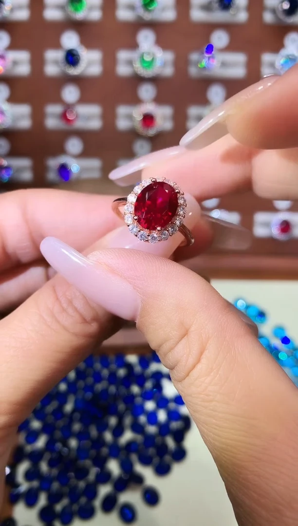 银S925镶嵌戒指红宝石810酒红玫瑰金