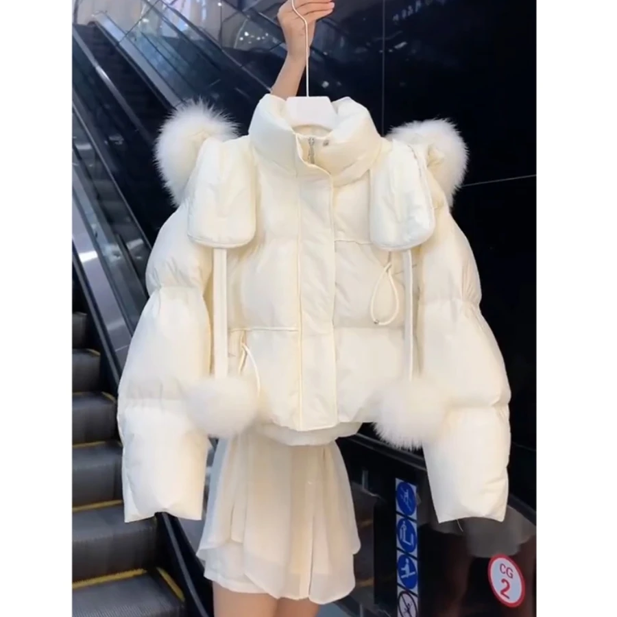 白色立领连帽棉服女2025年新款韩系百搭时尚外套秋冬季面包服