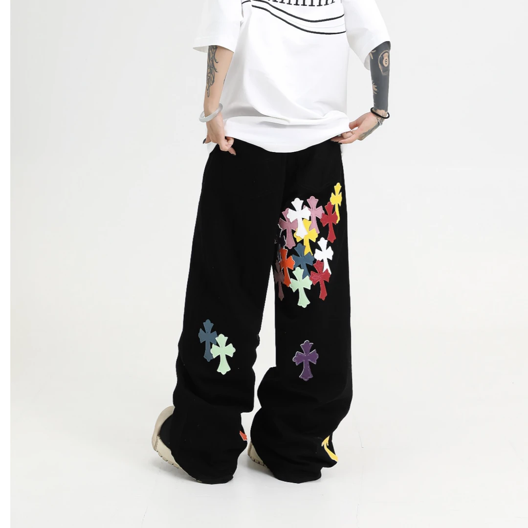 25SS新款【克罗藤蔓】高品质刺绣皮标慵懒宽松松弛复古十字架牛仔