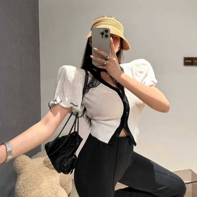 【心动循环】泡菜定制撞色木耳边针织上衣