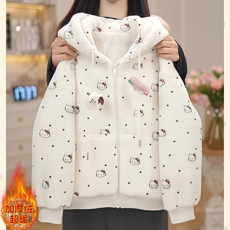 女童卡通加绒毛毛衣2025新款冬装加厚连帽羊羔毛棉服保暖kt棉袄潮