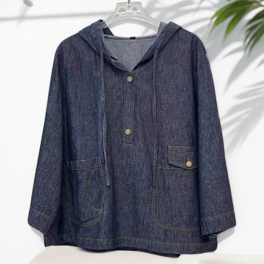 水淼2026春新款宽松显瘦洋气连帽麻牛仔套头衫-2505