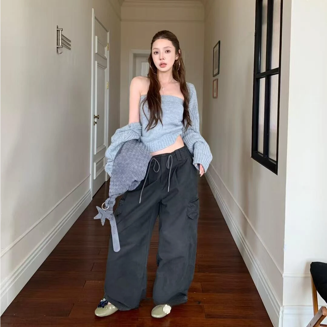 韩系松弛感气质长袖毛衣外套修身显瘦短款抹胸长裤三件套装女秋冬