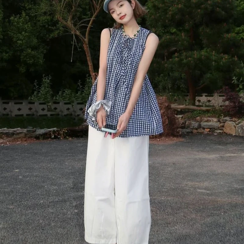 夏季女韩版宽松遮肉显瘦格子百搭上衣