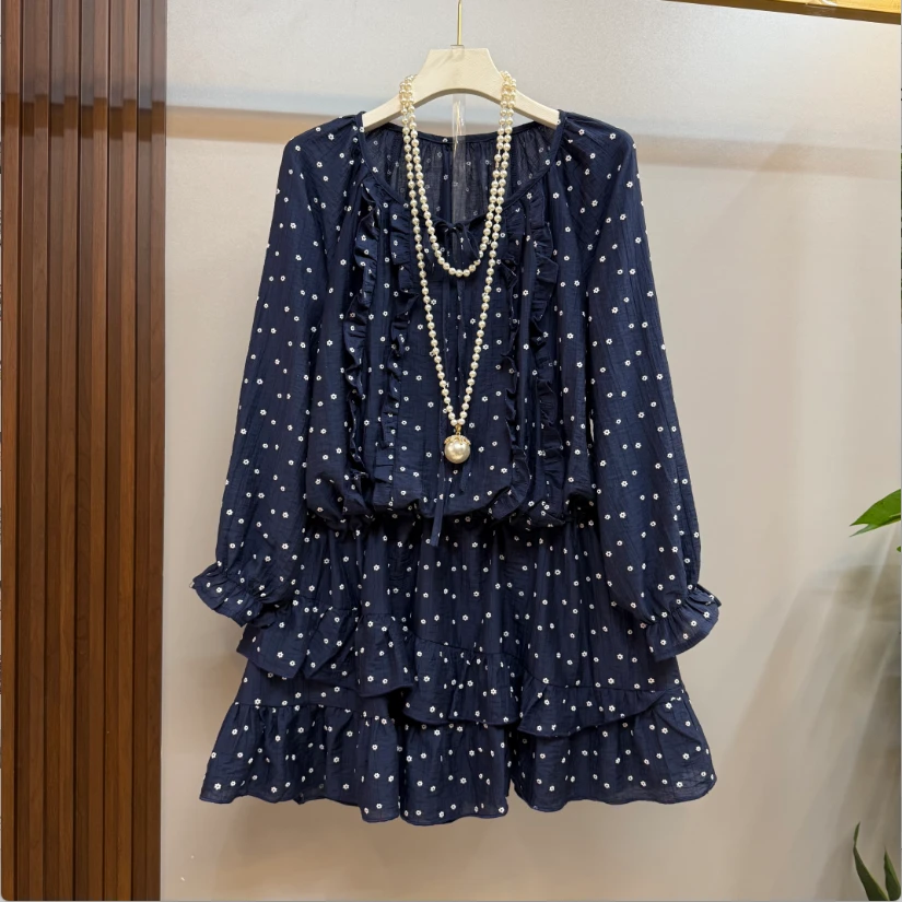 新款大码女装时尚洋气木耳花边腰抽绳显瘦大衫裙