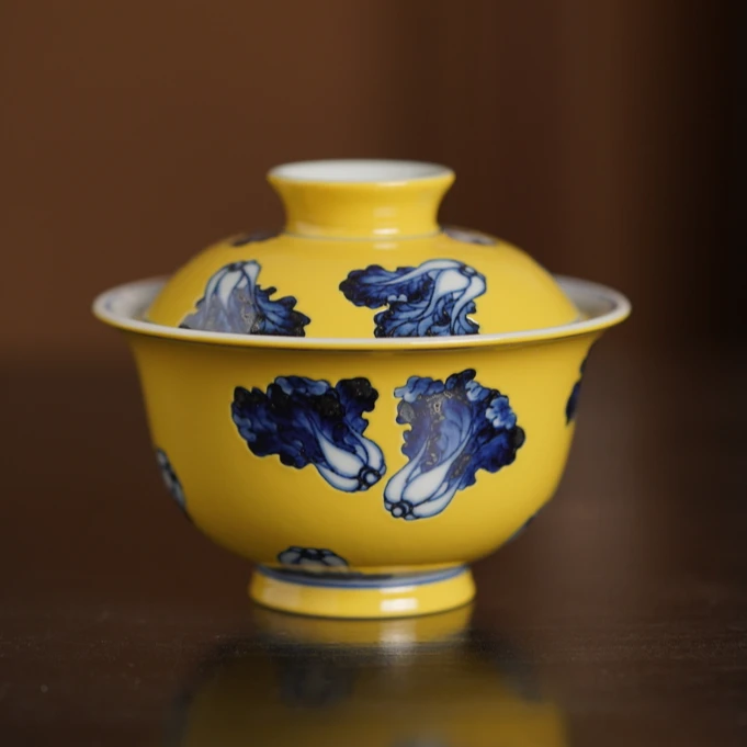 观山见物 帝王黄白菜盖碗 仿明宝石蓝古韵 尊贵大气 纯手工手绘