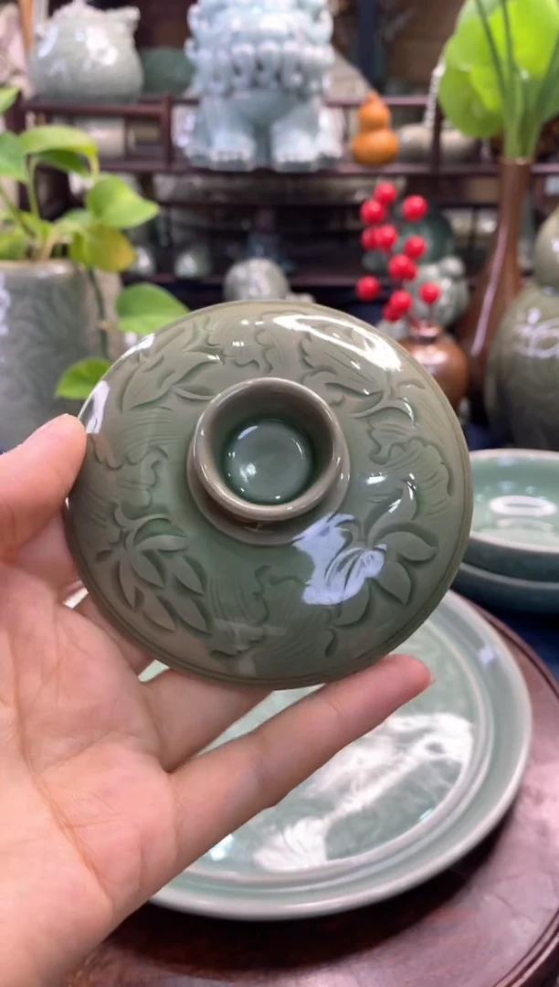 米****2耀州窑 手工盖碗盖子1只 莲纹