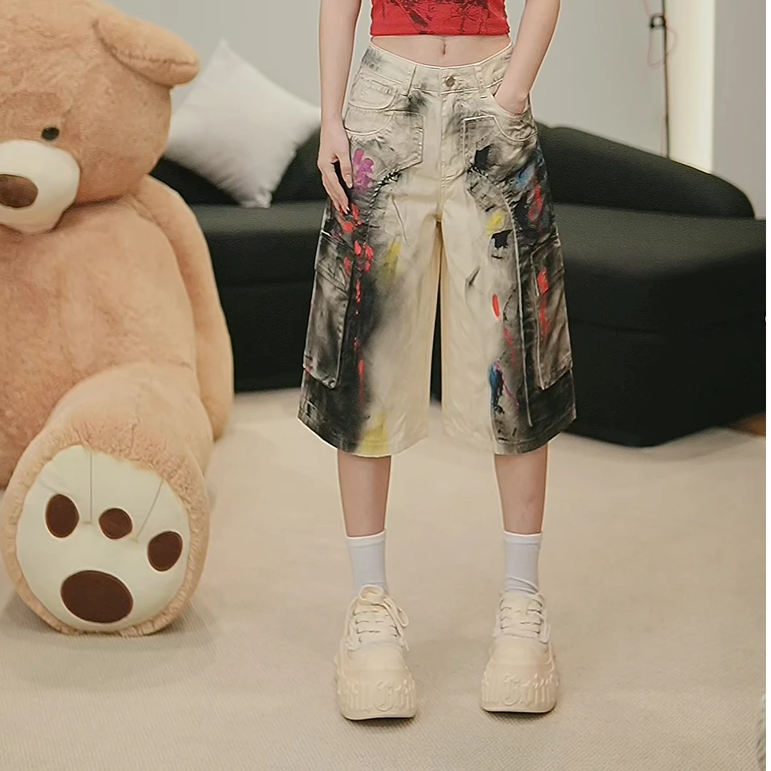 夏季辣妹潮酷立体口袋手绘脏脏裤牛仔裤中低腰纯棉百搭直筒七分裤