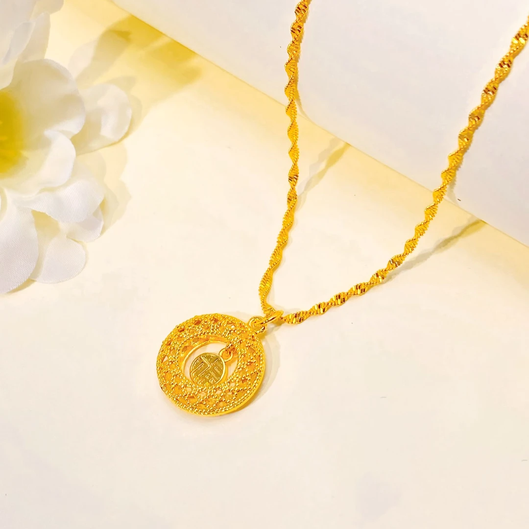 【水波纹链+平安扣吊坠】爆闪织梦网福字平安扣吊坠镂空设计项链