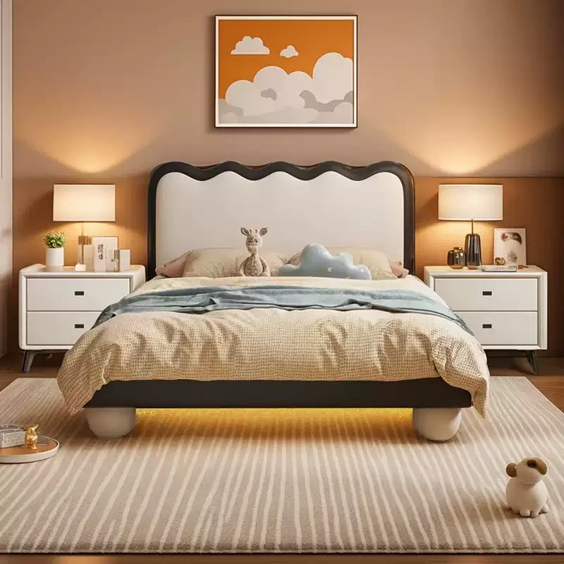 儿童房床奶油风女孩云朵公主床小户型真皮床男孩子波浪涟漪实木床