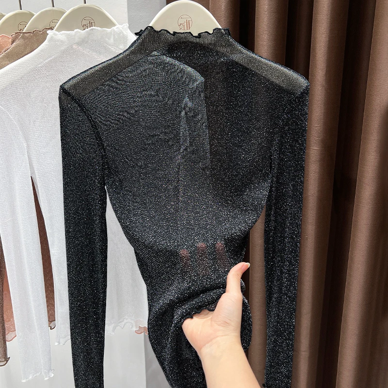 透视网纱半高领蕾丝上衣女2025秋季薄款木耳边纯色长袖内搭打底衫