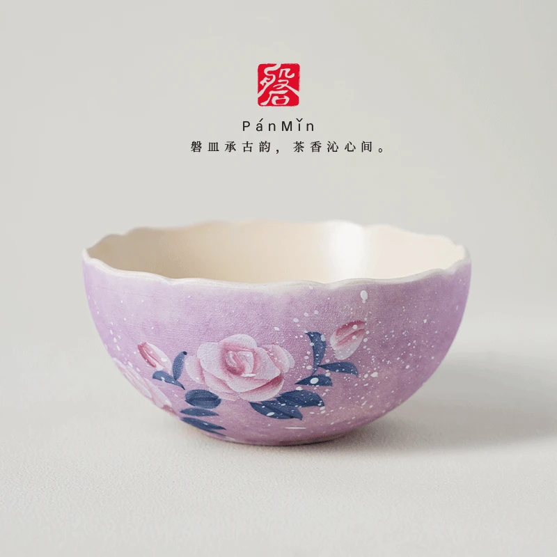 磐皿｜莫奈玫瑰普洱茶杯主人杯手工陶瓷家品茗杯复古手绘大口杯