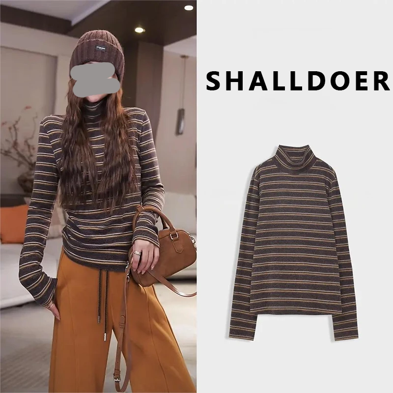 【循环热】2025秋冬新款穿搭韩版条纹半高领长袖T恤女潮