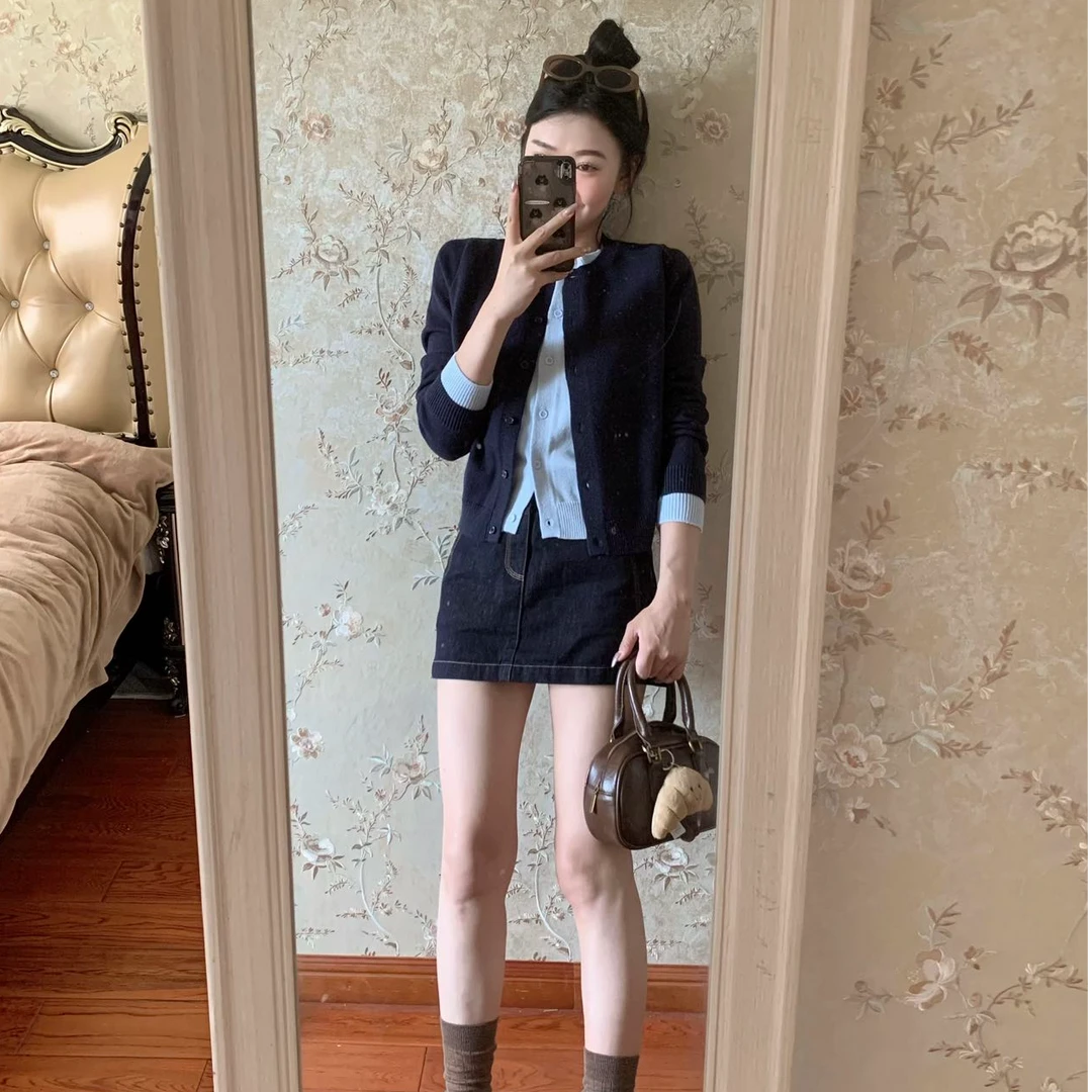 2025早秋季新款撞色两件针织开衫女高级感修身显瘦气质短款上衣服