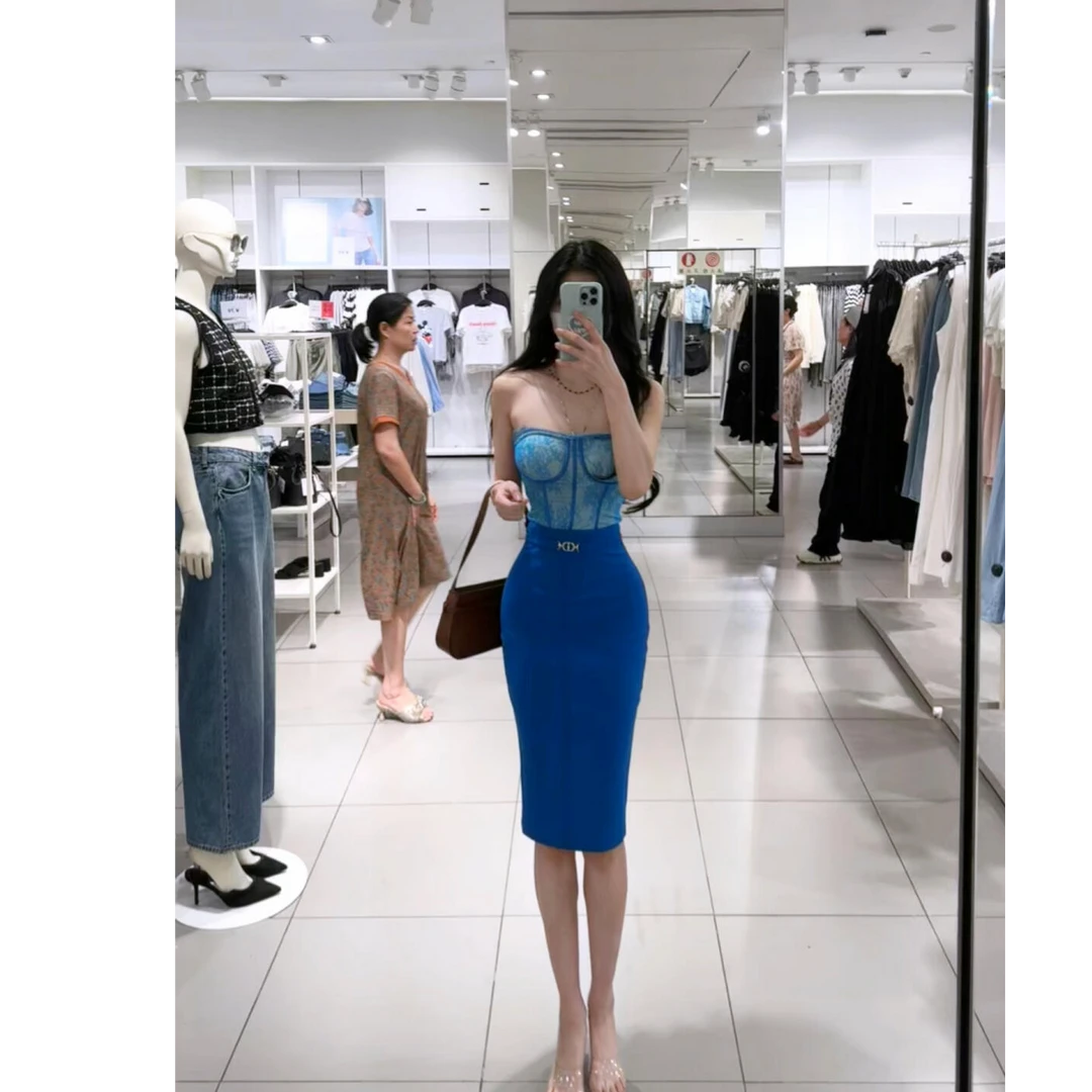 克莱因蓝鱼骨抹胸+猪鼻子中长裙显身材高级性感收腰显瘦两件套装