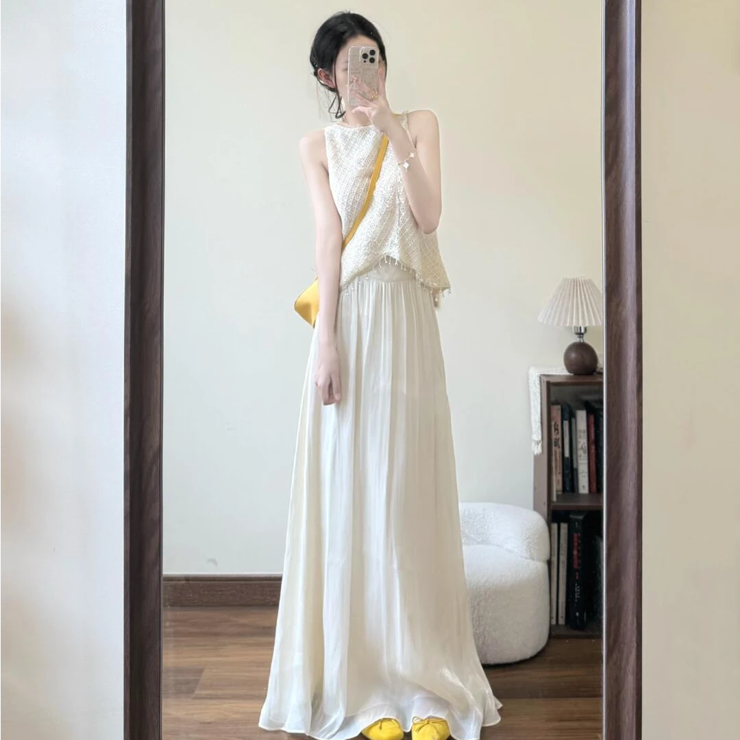 夏季清冷贵气感穿搭轻奢高级感女人味茶里茶气小众背心半身裙套装