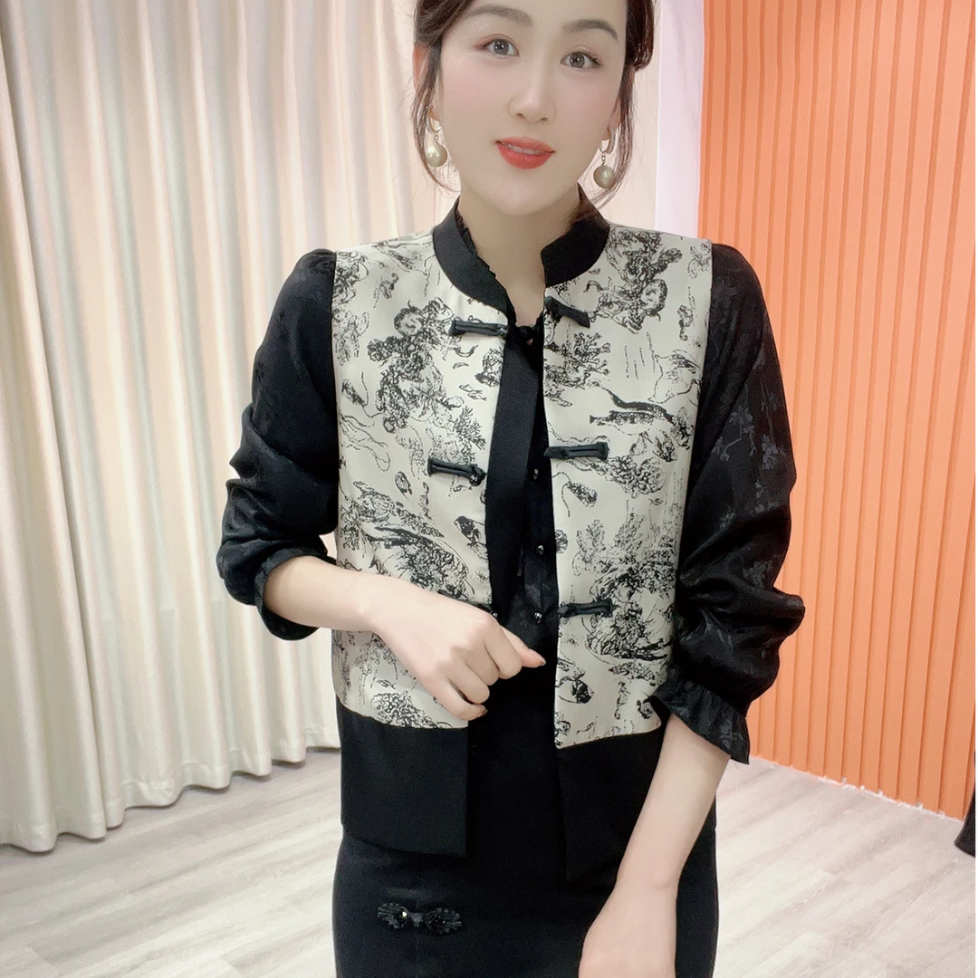 鑫坷春季新款气质时尚百搭中国风水墨画设计感印花马夹女15