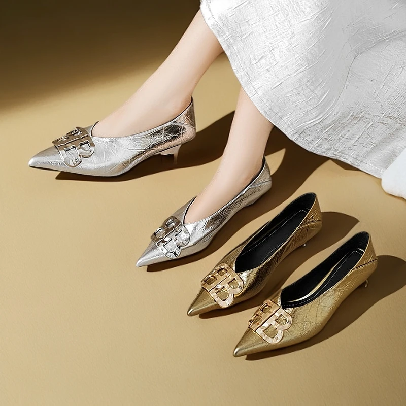 feilunna/妃伦娜【3.5CM】羊皮34-40真皮尖头浅口法式单鞋时尚百搭