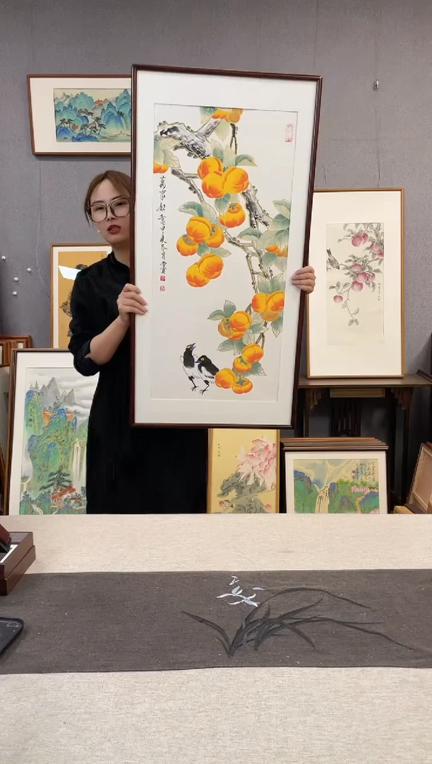 【闪购商品】国画刘玉学-手绘带框作品-53*103-柿子