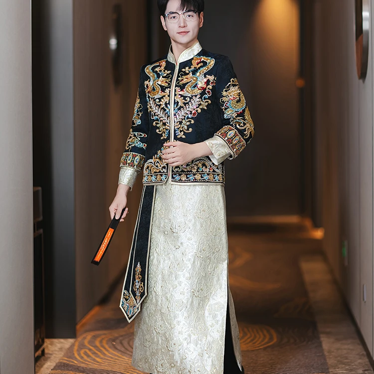 秀禾服黑色男装2025新款中式结婚新郎敬酒礼服古装婚服龙凤褂