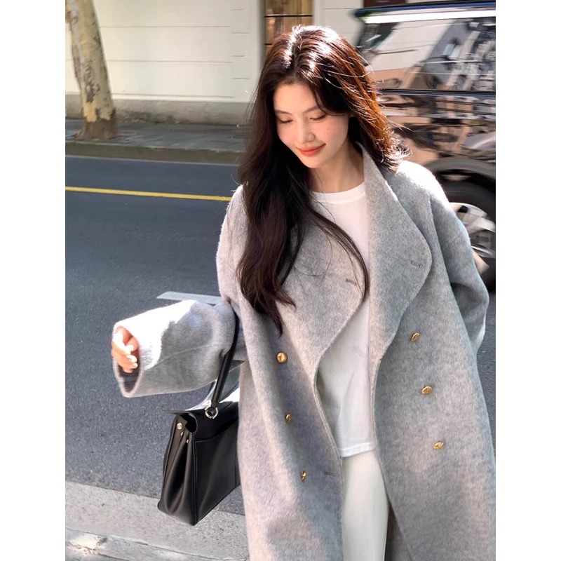 灰色羊毛双面呢大衣女25新款高级感韩系中长款小个子羊绒毛呢外套