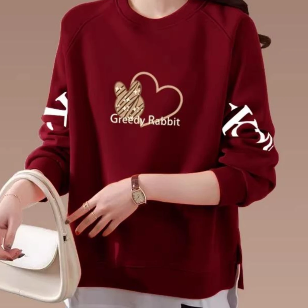 红色假两件卫衣女新款2025爆款时尚洋气秋冬加绒加厚洋气套头外套