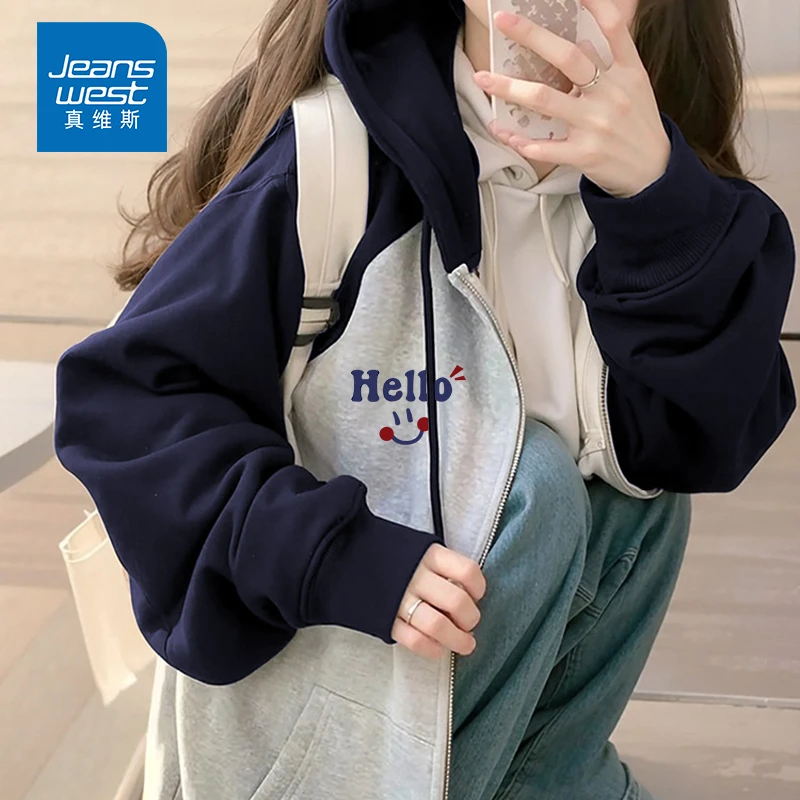 真维斯藏青色外套女生小个子美式复古衣服2025秋季新款撞色开衫