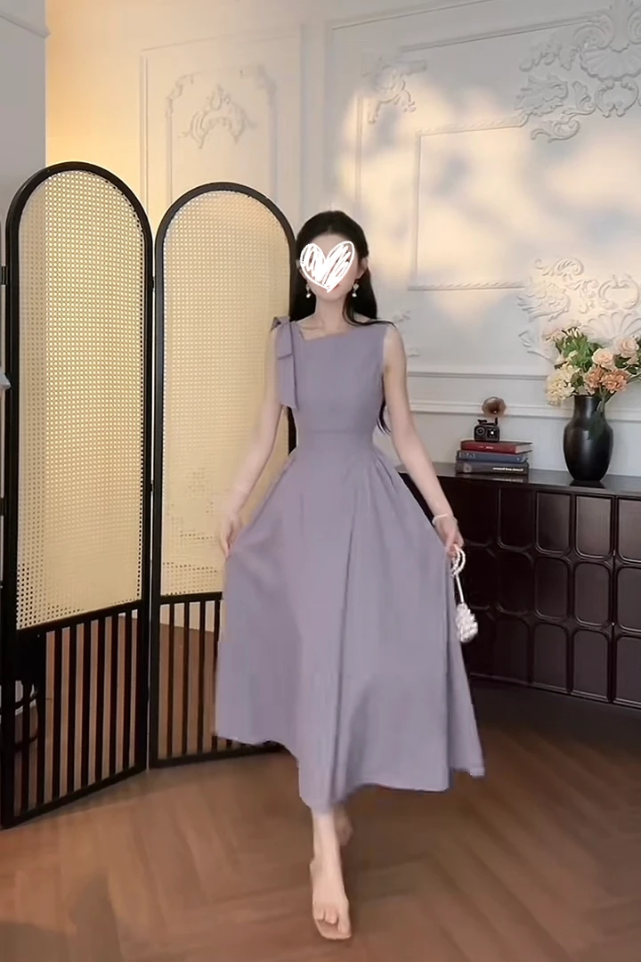 法式优雅高级感吊带无袖连衣裙女2025夏季紫色系带蝴蝶结长款裙子
