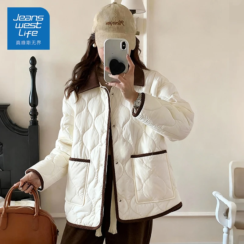 真维斯无界杏色冬季绗棉撞色翻领棉服女温柔通勤轻熟风保暖外套女