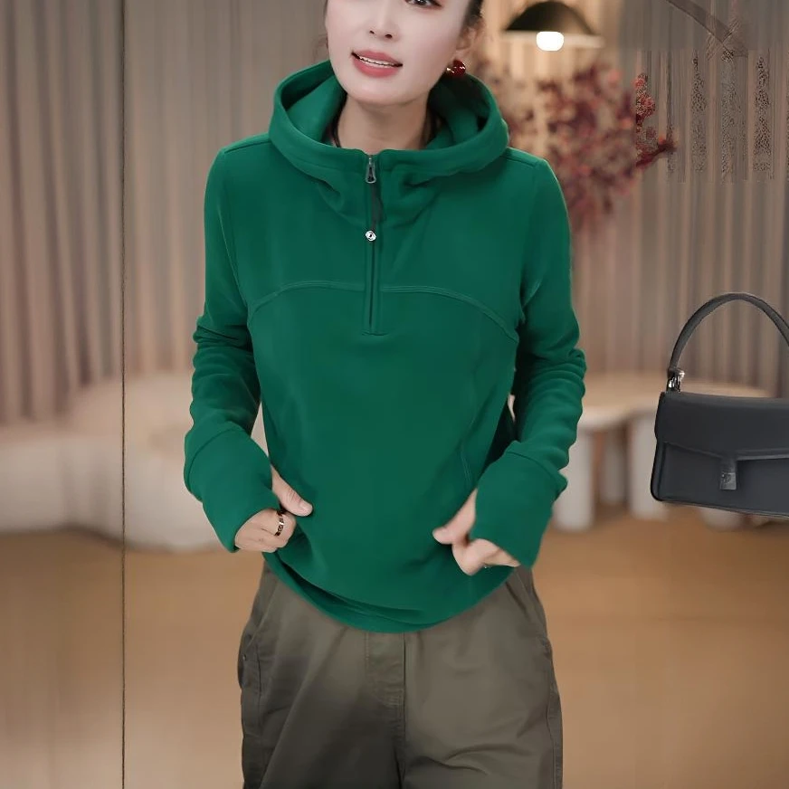 秋季时尚百搭修身拉链长袖连帽卫衣女2025纯色简约休闲外套上衣