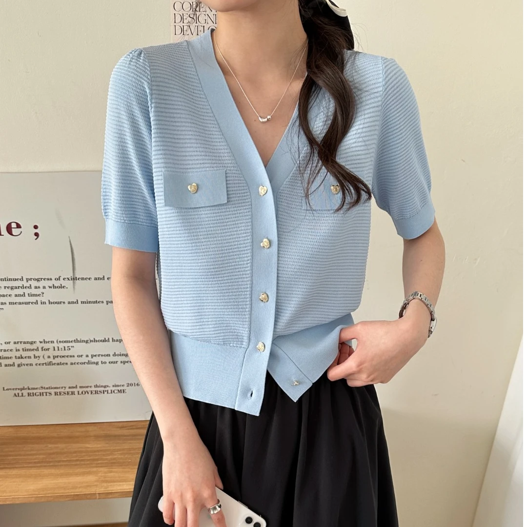 V领夏季通勤风短袖纯色针织衫蓝色小众短款设计感小香开衫2506