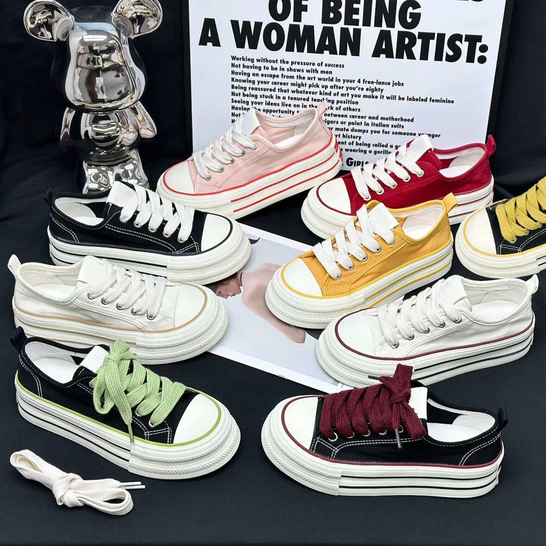 春夏新款休闲百搭低帮增高女系带厚底帆布鞋  BK638