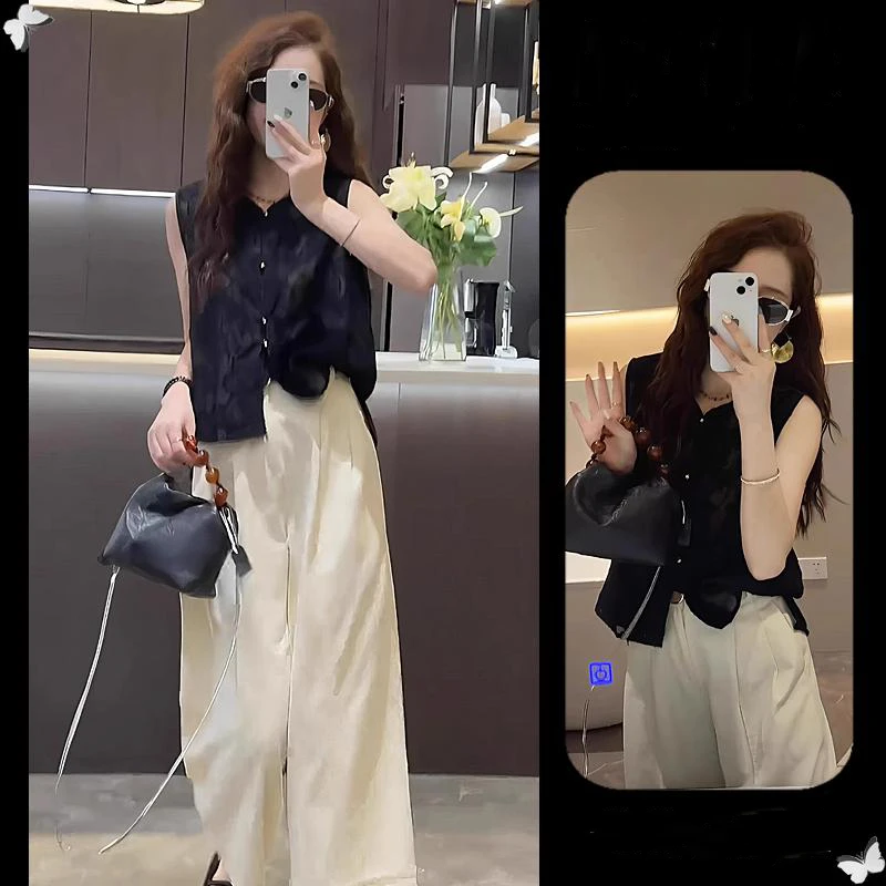 轻熟盐系时尚套装2025夏季高端精致设计感无袖上衣休闲裤两件套