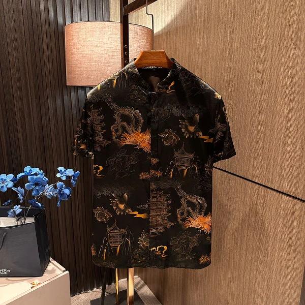 【金凤凰 新中式真丝单品】 夏季新款男士立领中山领桑蚕丝短袖衬衫