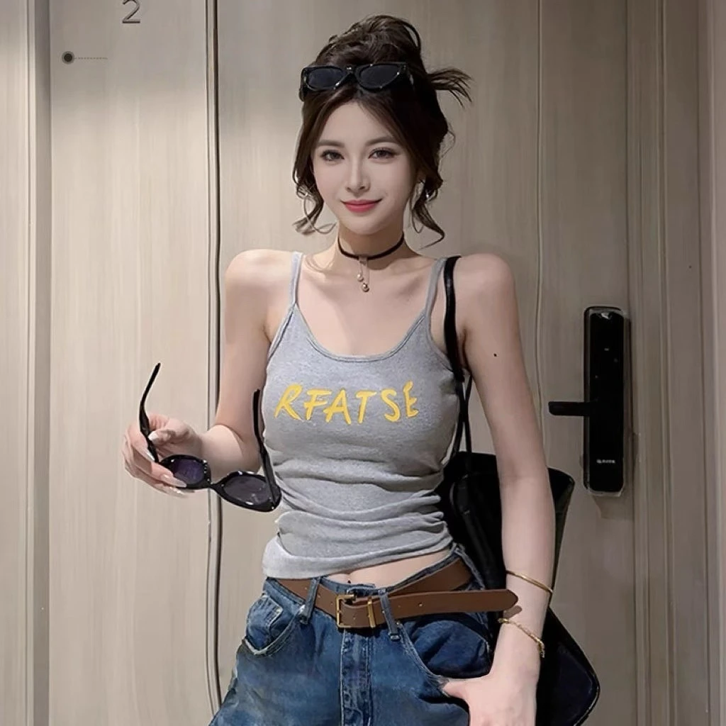美式辣妹吊带字母印花不规则性感百搭时尚简约无袖设计感背心美背
