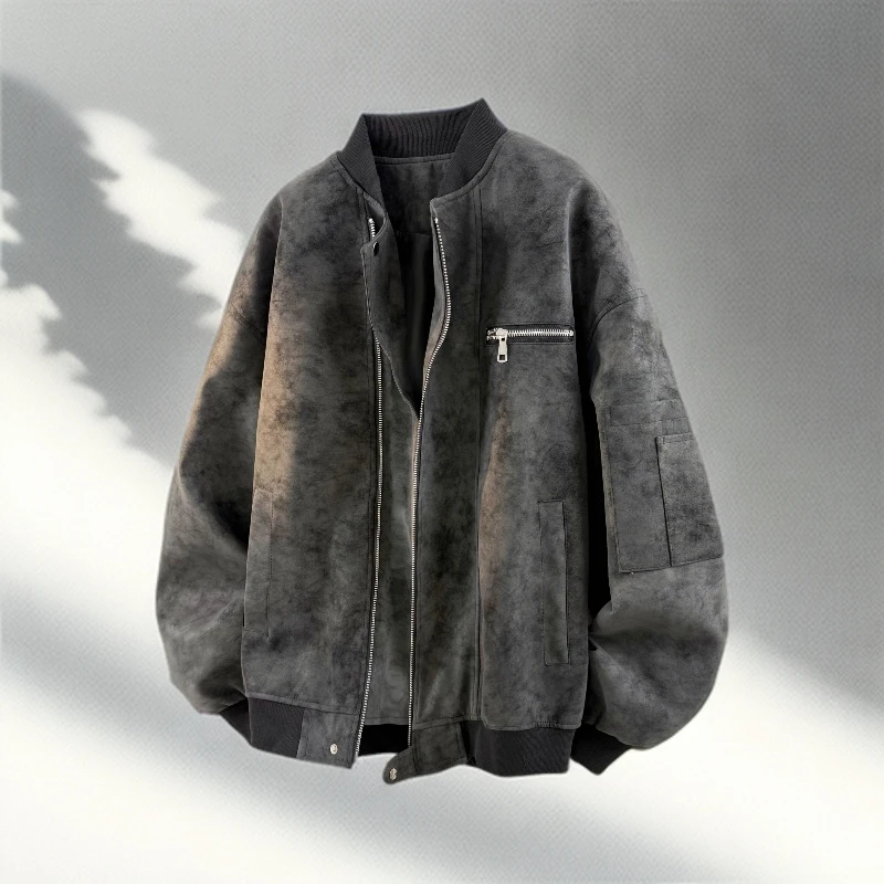 轻奢高档秋季夹克美式时尚潮流扎染百搭宽松休闲纯色外套加厚加绒