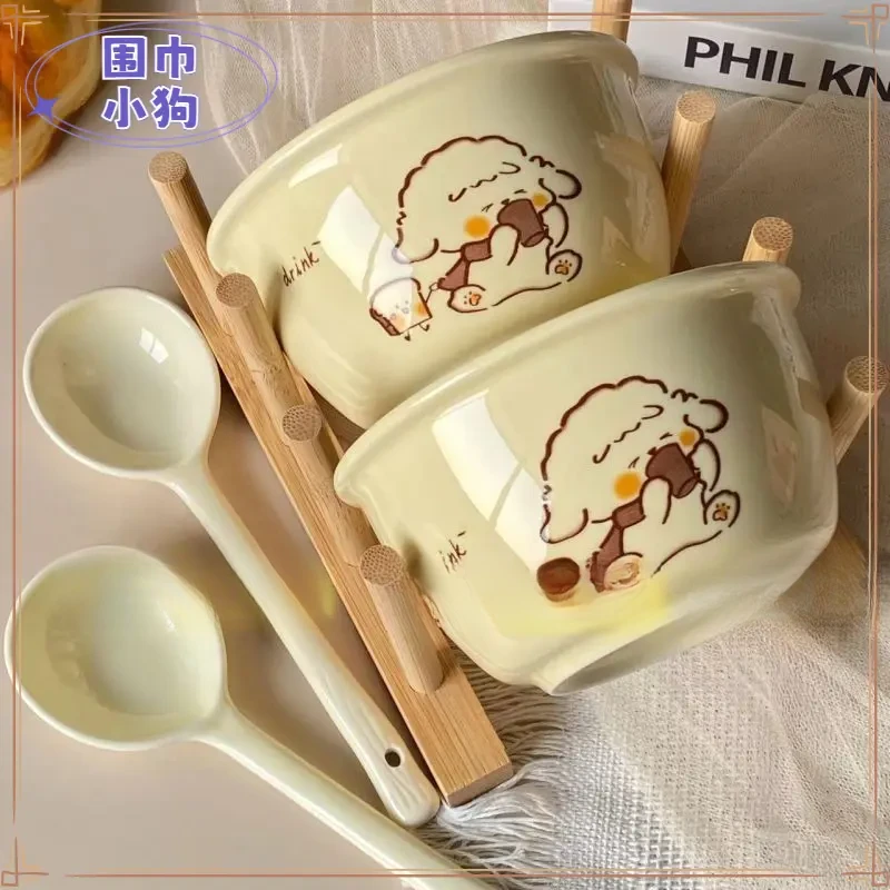 【围巾小狗碗勺】可爱陶瓷碗釉下彩卡通饭碗ins风米饭碗吃饭碗A218