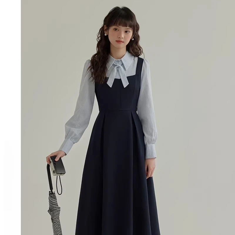 2025教资面试复试学院风连衣裙秋冬季新款假两件打底裙D4636