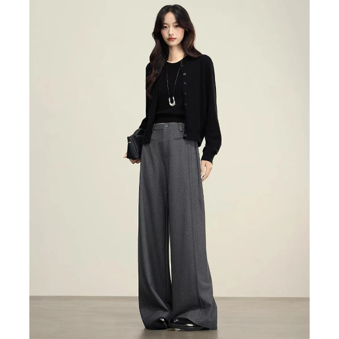 港风高级感直筒西装裤女垂感高腰休闲羊毛阔腿拖地裤2529(MM)