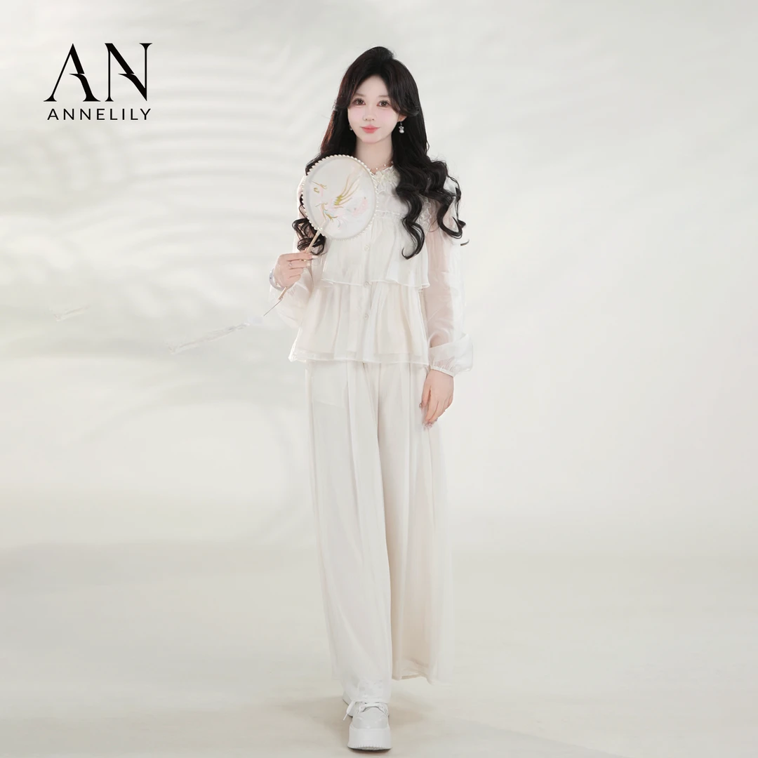 ANNELILY绯绯【瑶汐】新款时尚气质百搭重工长裤套装AT2503101