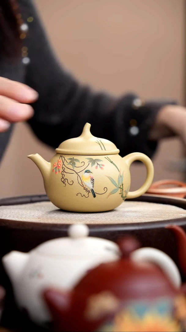 茶壶紫砂本山绿茄瓜泥绘鸟