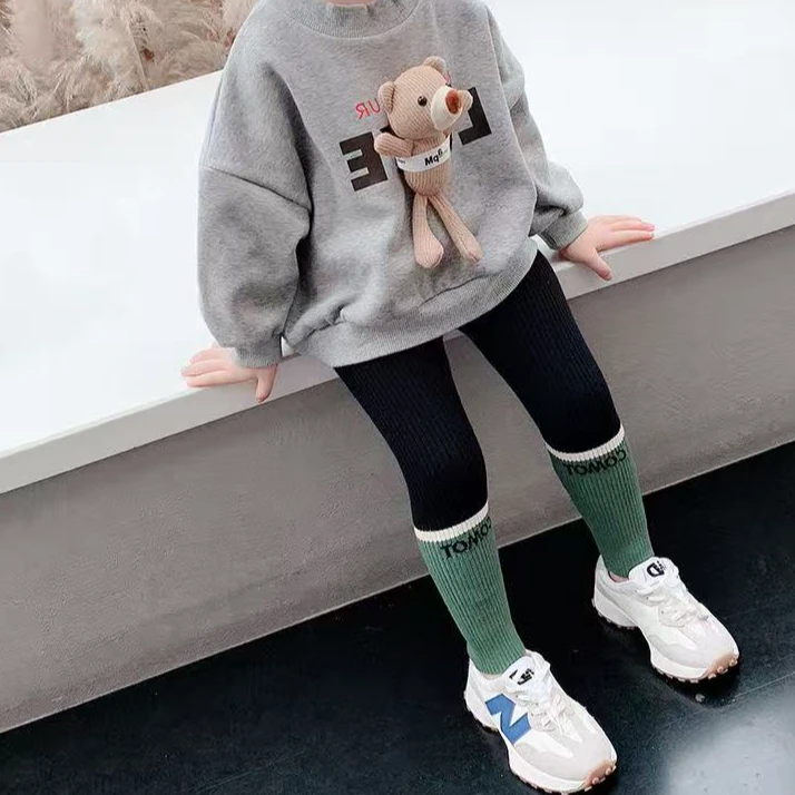 新款潮裤女童针织打底裤春秋薄款外穿百搭纯棉中大童儿童拼色九分