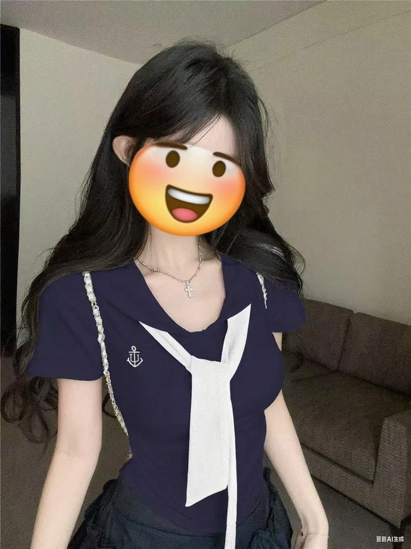 撞色海军领拼接夏季短袖T恤新款多巴胺女韩系甜妹小众显瘦女装