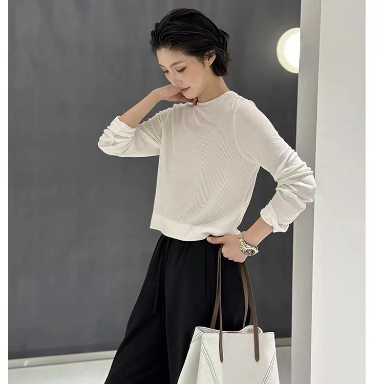 特价福利No退换 柔软超细羊毛莱赛尔后中缝弹力短款罗纹长袖T恤女