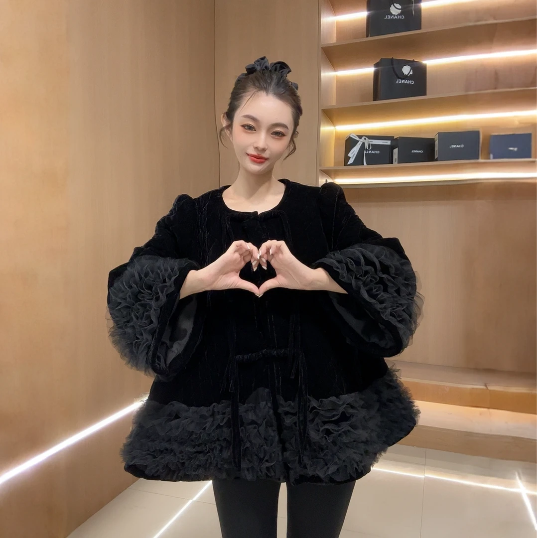 欧货设计感新中式盘扣立体花边洋气丝绒加厚外套25045秋冬冬季