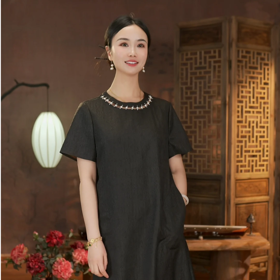 【东方婵韵】冠乐绉桑蚕丝气质春夏优雅长款短袖连衣裙 DFCY26903